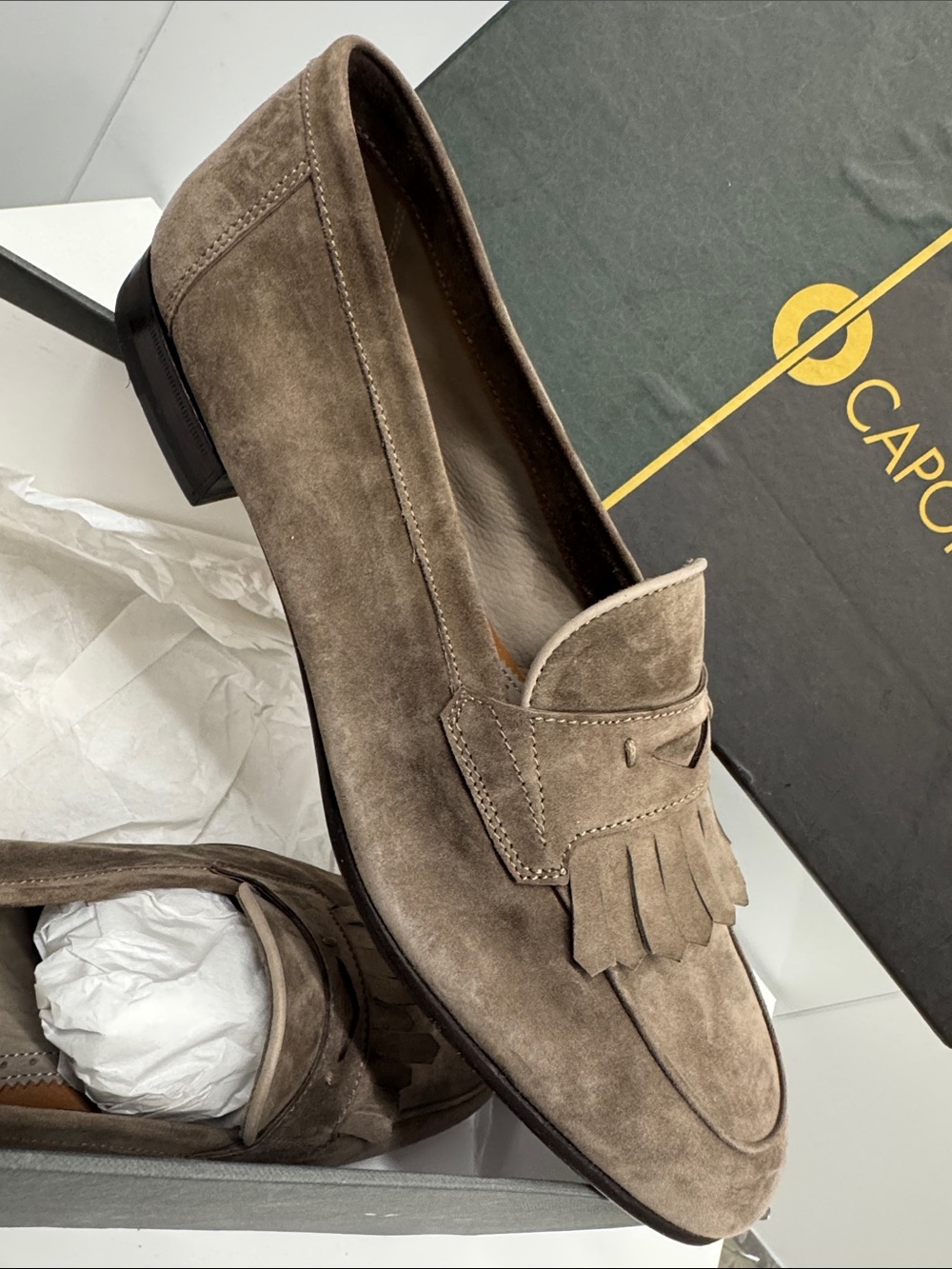 Caporicci calfskin Suede Fringe size 9 Penny Loafers in Taupe (like Butter)